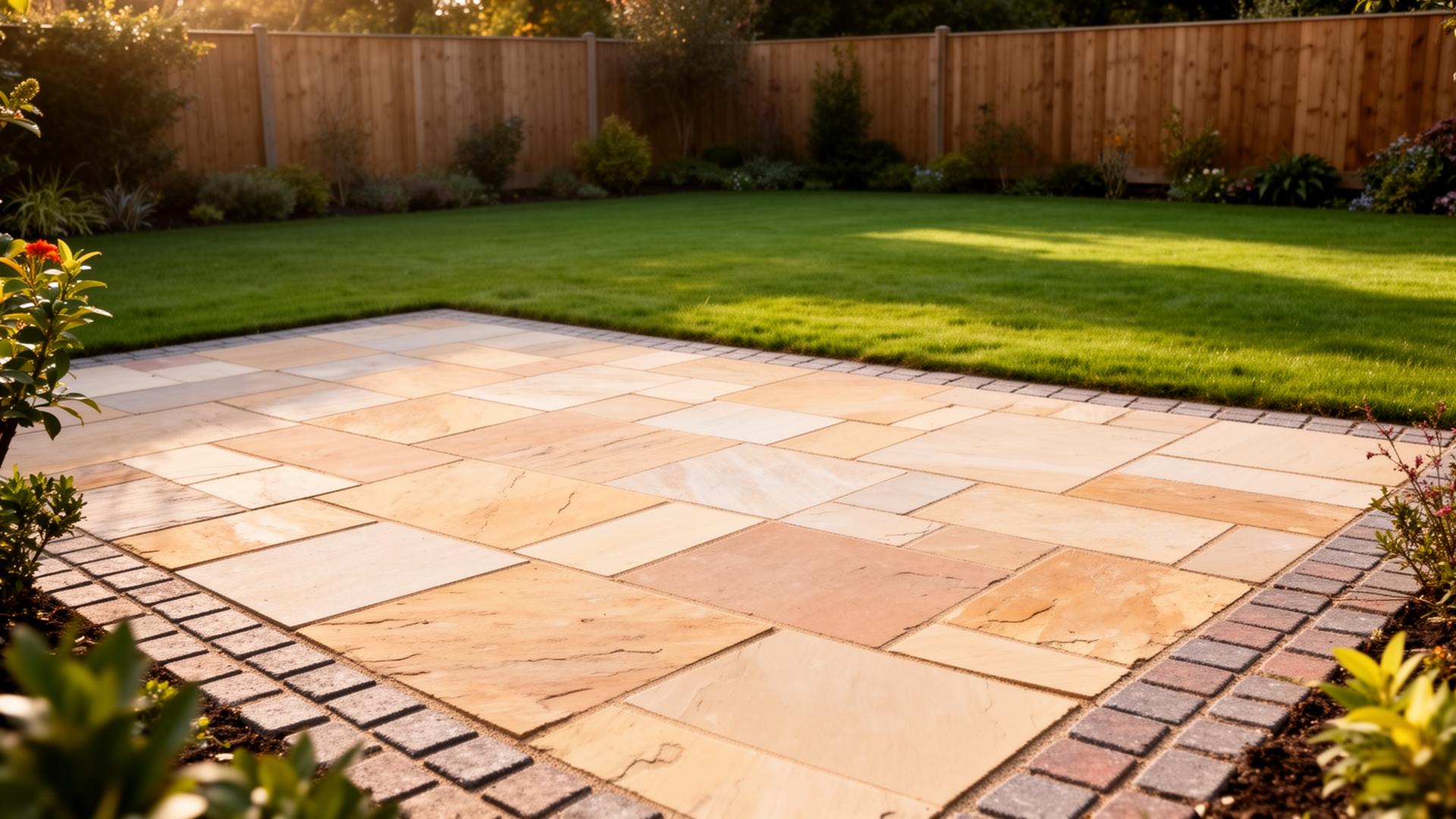 Indian sandstone patio with neat block paving border